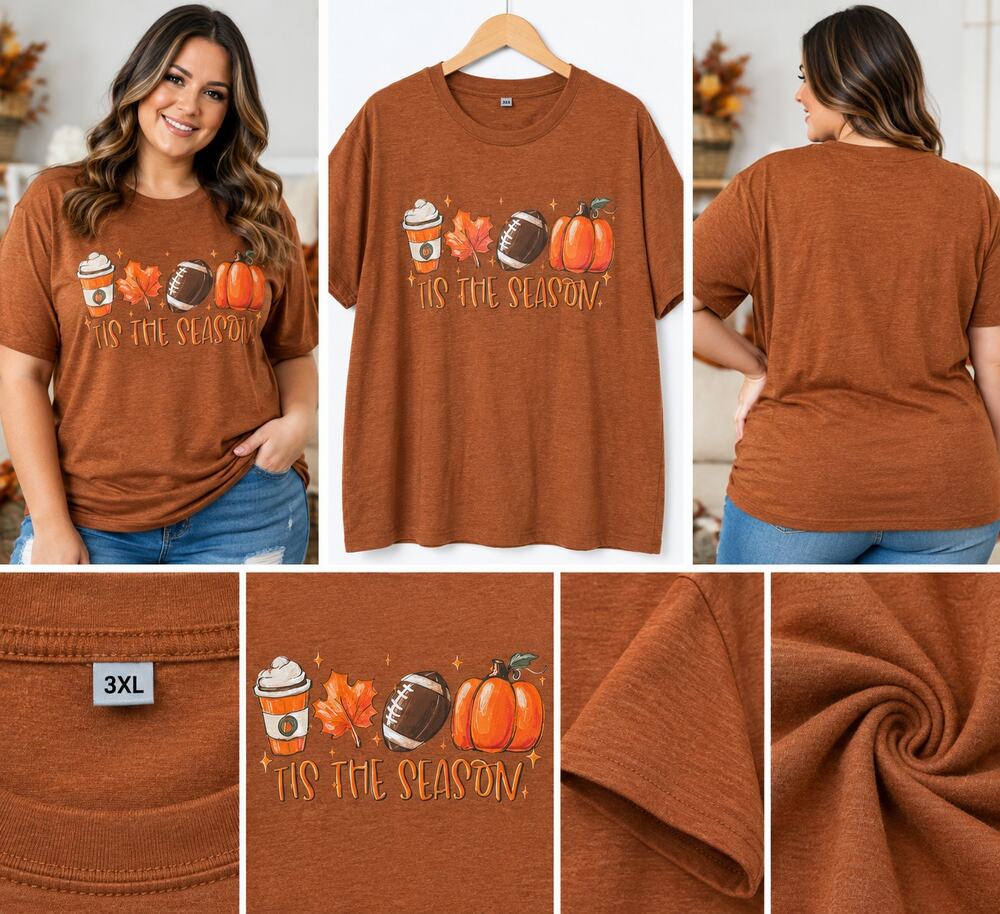 ’Tis the Season Fall Football Pumpkin Graphic T-Shirt – Rust Brown – Size 3XL
